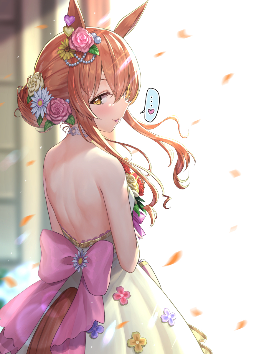 1girl animal_ears back bangs bare_back bare_shoulders blush bouquet bride brown_eyes choker commentary_request dress eyebrows_visible_through_hair flower from_behind hair_bun hair_flower hair_ornament highres holding holding_bouquet horse_ears horse_girl horse_tail long_hair looking_at_viewer looking_back matanonki mayano_top_gun_(umamusume) naughty_face open_mouth orange_hair shoulder_blades sidelocks smile solo standing strapless strapless_dress tail tongue tongue_out umamusume wedding_dress white_choker white_dress