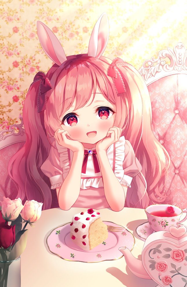 1girl :d animal_ears bangs blush bow cake cake_slice chitosezaka_suzu commentary_request couch cup dress eyebrows_visible_through_hair flower flower_on_liquid food frills hair_bow hands_up indoors long_hair looking_at_viewer on_couch open_mouth original pink_dress pink_hair plate puffy_short_sleeves puffy_sleeves rabbit_ears red_bow red_eyes red_flower red_rose rose short_sleeves smile solo table teacup teapot twintails upper_body white_flower white_rose