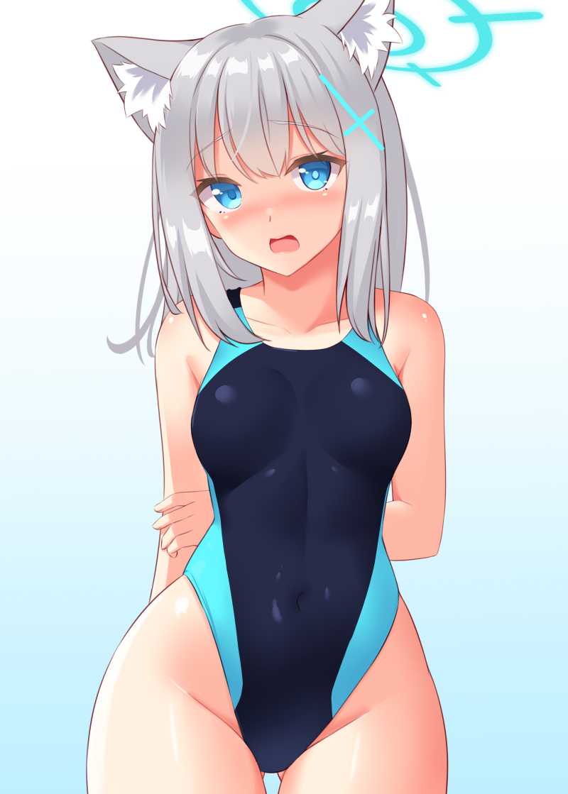 1girl animal_ear_fluff animal_ears arms_behind_back ass_visible_through_thighs bangs bare_shoulders blue_archive blue_background blue_eyes blue_swimsuit blush breasts bright_pupils cat_ears collarbone commentary_request competition_swimsuit covered_navel cowboy_shot cross_hair_ornament embarrassed eyebrows_visible_through_hair gradient gradient_background groin hair_ornament long_hair looking_at_viewer mismatched_pupils nose_blush one-piece_swimsuit open_mouth shiroko_(blue_archive) silver_hair small_breasts solo swimsuit thigh_gap tokyo_yamane two-tone_swimsuit wide_hips