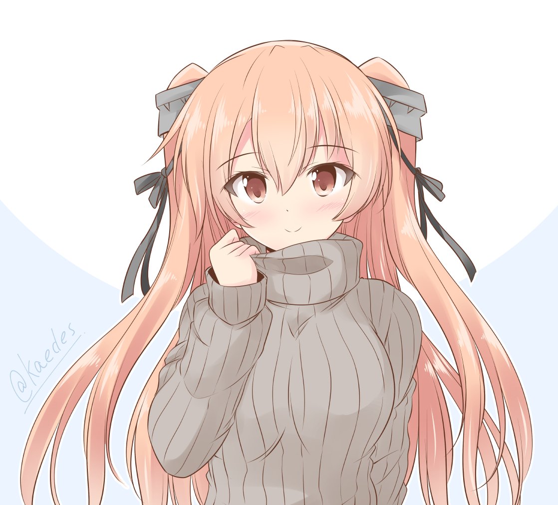 1girl alternate_costume breasts brown_eyes brown_sweater hair_ornament hair_ribbon icesherbet johnston_(kancolle) kantai_collection light_brown_hair long_hair medium_breasts ribbed_sweater ribbon sweater turtleneck turtleneck_sweater two_side_up