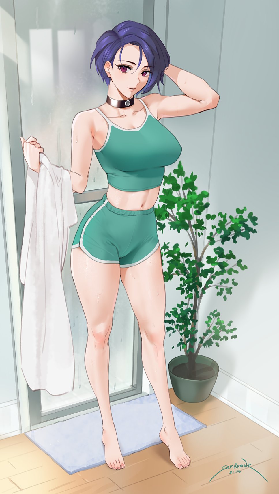 1girl arm_behind_head bare_arms bare_legs bare_shoulders barefoot blue_hair boyshort_panties breasts choker collarbone commentary english_commentary fire_emblem fire_emblem:_three_houses full_body highres indoors large_breasts light_smile looking_at_viewer midriff navel parted_lips plant potted_plant sendrawz shamir_nevrand short_hair signature solo standing tank_top towel violet_eyes
