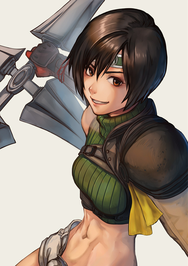 1girl armor brown_eyes brown_hair crop_top final_fantasy final_fantasy_vii final_fantasy_vii_remake gauntlets gloves headband hinoru_saikusa pauldrons short_hair short_shorts shorts shoulder_armor shuriken smile yuffie_kisaragi