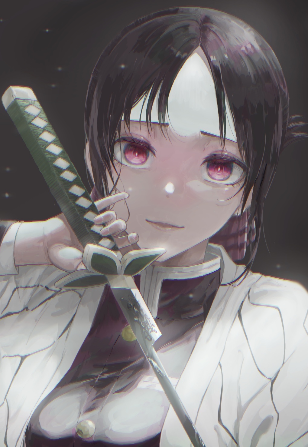 1girl artist_request bangs black_background black_hair black_jacket commentary_request cosplay gradient gradient_background haori highres holding holding_sword holding_weapon jacket japanese_clothes kaguya-sama_wa_kokurasetai_~tensai-tachi_no_renai_zunousen~ kimetsu_no_yaiba kochou_shinobu kochou_shinobu_(cosplay) light_particles looking_at_viewer parted_bangs parted_lips red_eyes red_ribbon ribbon shinomiya_kaguya short_hair solo sword upper_body weapon