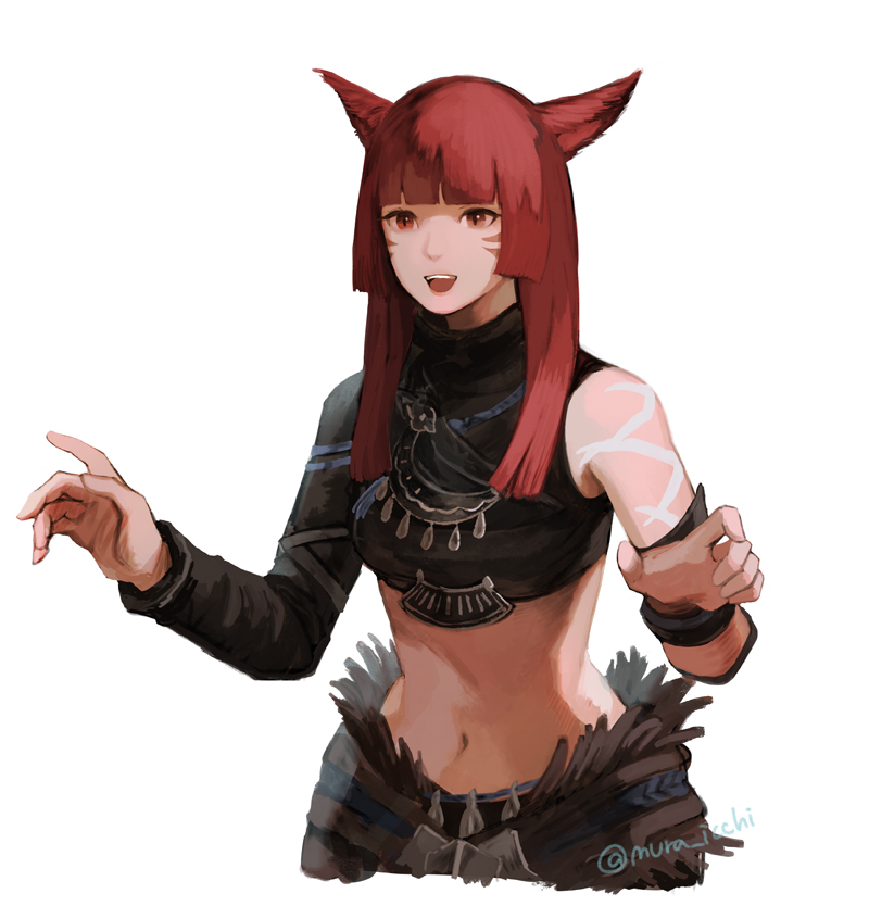 1girl animal_ears arm_tattoo asymmetrical_clothes breasts brown_eyes cat_ears cropped_torso facing_viewer final_fantasy final_fantasy_xiv hime_cut long_hair medium_breasts midriff miqo'te muraicchi_(momocchi) navel open_mouth redhead slit_pupils solo tattoo white_background