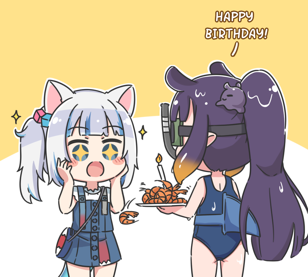 +_+ 2girls :o animal_ears bag bangs bare_arms bare_shoulders blue_dress blue_eyes blue_hair blue_swimsuit blush_stickers brown_hair candle cat_ears diving_mask dress english_text eyebrows_visible_through_hair fire fish_tail gawr_gura goggles gradient_hair hair_cubes hair_ornament hands_on_own_face hands_up holding holding_plate hololive hololive_english long_hair multicolored_hair multiple_girls ninomae_ina'nis one-piece_swimsuit open_mouth plate ponytail purple_hair rutorifuki shark_tail shirt shoulder_bag shrimp sidelocks sleeveless sleeveless_dress snorkel sparkle streaked_hair swimsuit tail two-tone_background very_long_hair virtual_youtuber wet white_background white_shirt yellow_background