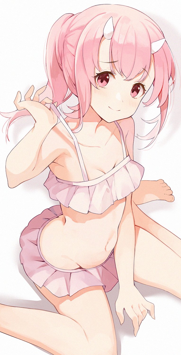 between_legs bikini breasts collarbone frilled_bikini frills hand_between_legs head_tilt highres hiroki_(yyqw7151) horns navel oni_horns pink_bikini pink_eyelashes pink_eyes pink_hair shuna_(tensei_shitara_slime_datta_ken) sitting small_breasts smile strap_lift swimsuit tensei_shitara_slime_datta_ken toned wariza