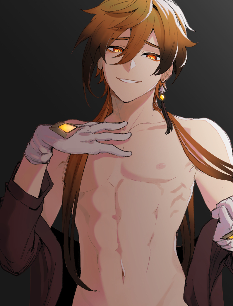 1boy abs bangs black_background brown_hair collarbone earrings eyebrows_visible_through_hair eyeliner genshin_impact gloves gradient_hair hair_between_eyes hand_on_own_chest holding holding_clothes holding_jacket jacket jewelry long_hair long_sleeves lumbbyz makeup male_focus multicolored_hair nipples nude open_mouth orange_hair palette_swap pectorals removing_jacket ribs simple_background single_earring smile solo symbol_commentary tassel tassel_earrings toned toned_male white_gloves yellow_eyes zhongli_(genshin_impact)