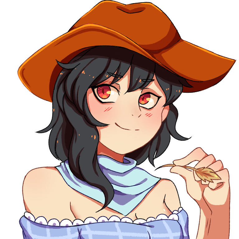 1girl bangs bare_shoulders black_hair blue_dress blush brown_headwear closed_mouth cowboy_hat dress eyebrows_visible_through_hair hair_between_eyes hand_up hat kurokoma_saki lanalopez92 red_eyes short_hair short_sleeves simple_background smile solo touhou white_background