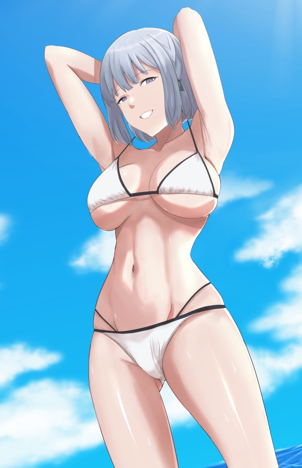 1girl armpits arms_behind_head bangs bikini blue_sky breasts collarbone cyka eyebrows_visible_through_hair feet_out_of_frame from_below girls_frontline large_breasts looking_at_viewer medium_hair navel open_mouth rpk-16_(girls_frontline) silver_hair sky smile solo standing stomach swimsuit violet_eyes white_bikini