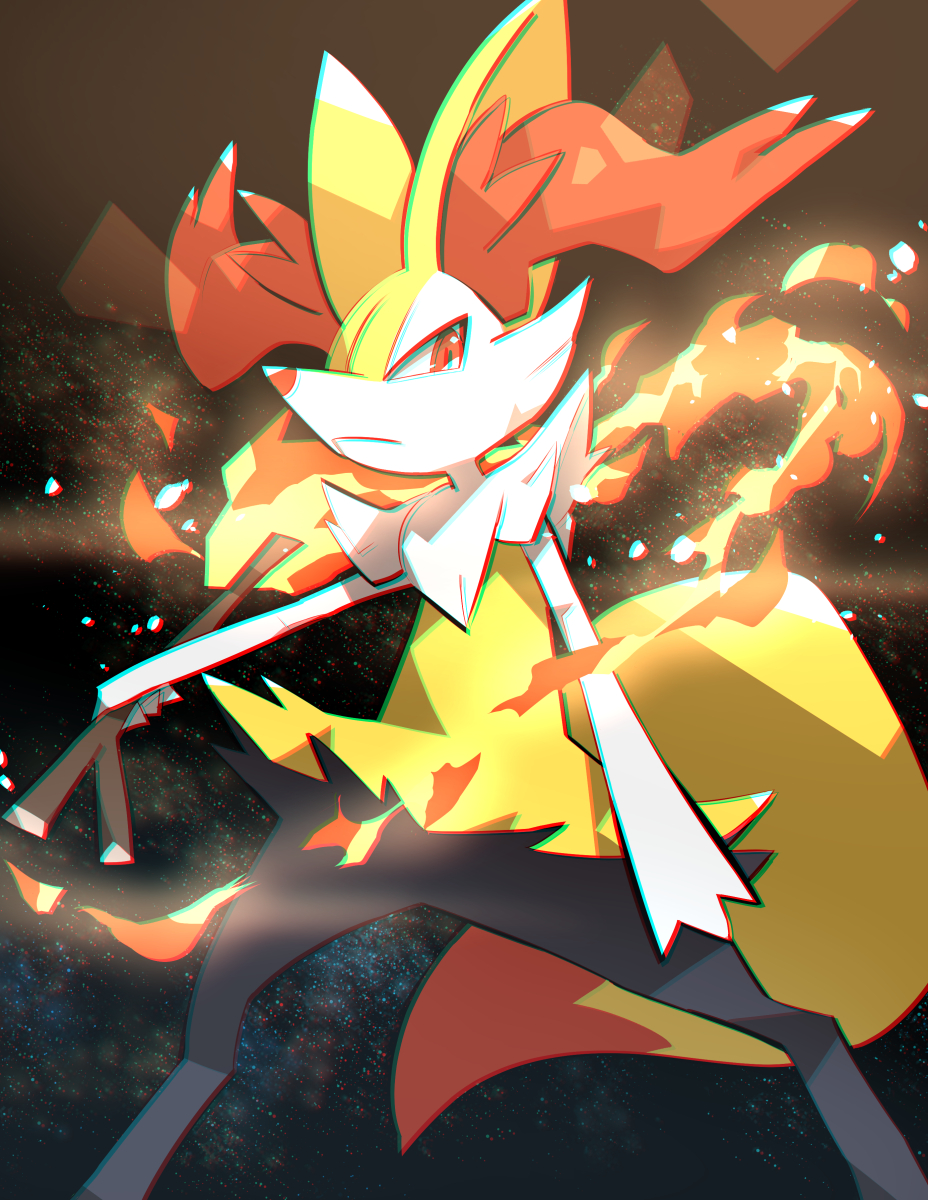 :&lt; animal_ear_fluff braixen chromatic_aberration closed_mouth commentary fire from_below gen_6_pokemon highres holding holding_stick legs_apart looking_to_the_side makoto_ikemu orange_eyes outstretched_arm pokemon pokemon_(creature) solo standing starry_background stick white_fur