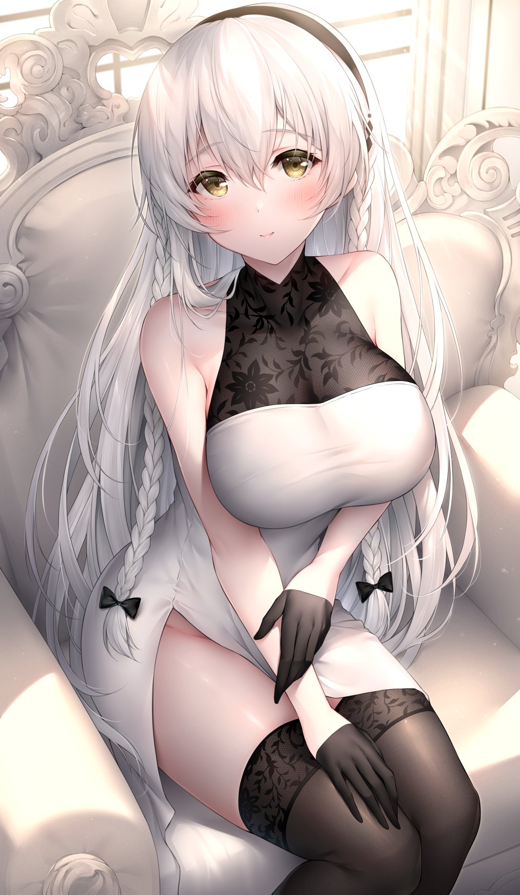 1girl azur_lane bangs bare_arms bare_shoulders black_gloves black_hairband black_legwear black_ribbon blush braid breasts chair closed_mouth collarbone commentary couch dress eyebrows_visible_through_hair gloves hair_ribbon hairband half_gloves hermione_(azur_lane) hermione_(graceful_afternoon_tea)_(azur_lane) highres indoors lace-trimmed_legwear lace_trim large_breasts long_dress long_hair looking_at_viewer official_alternate_costume oyuwari ribbon sidelocks silver_hair sitting sleeveless sleeveless_dress smile solo thigh-highs thighs tress_ribbon two-tone_dress white_dress white_hair yellow_eyes