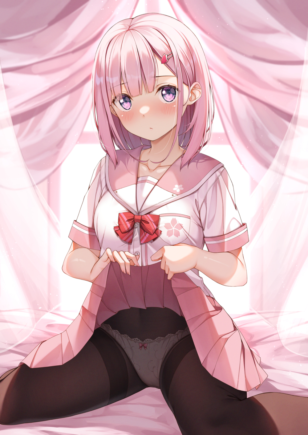 1girl black_legwear blush bow bowtie closed_mouth clothes_lift collarbone hair_ornament hairclip highres lifted_by_self looking_at_viewer original panties panties_under_pantyhose pantyhose pink_eyes pink_hair pink_sailor_collar pink_skirt red_neckwear sailor_collar school_uniform serafuku short_hair short_sleeves sitting skirt skirt_lift solo thighs underwear white_panties yuuri_nayuta