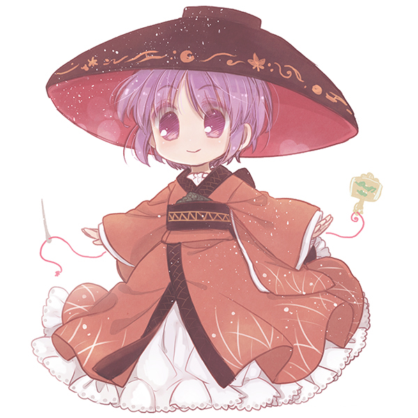 biyon bowl bowl_hat hat japanese_clothes kimono long_sleeves miracle_mallet needle purple_hair red_kimono sewing_needle short_hair simple_background smile sukuna_shinmyoumaru thread touhou violet_eyes white_background wide_sleeves