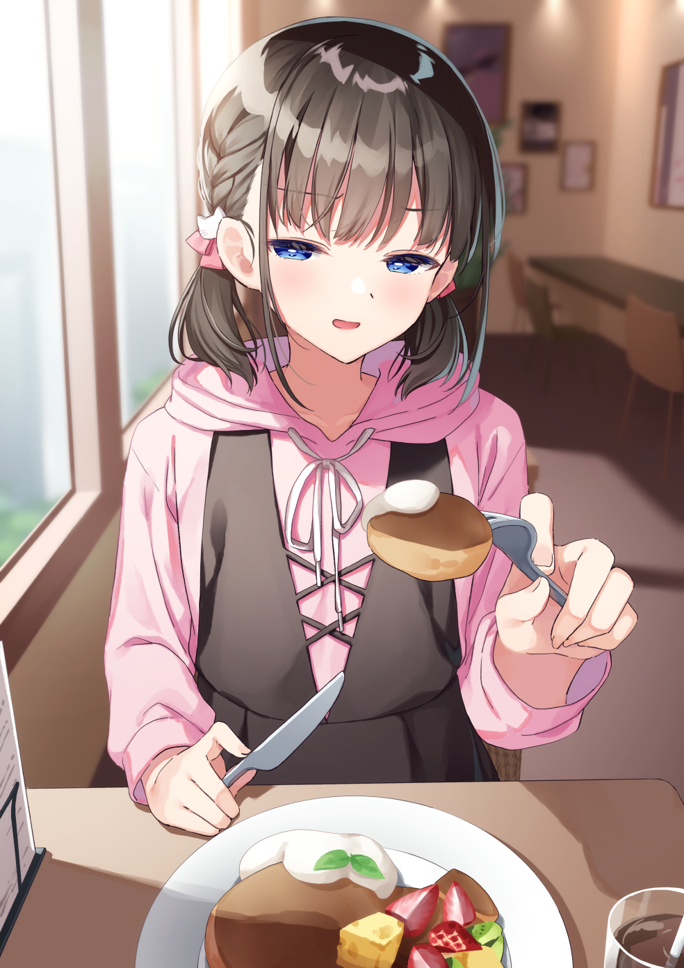 1girl bangs black_hair blue_eyes blush cat_hair_ornament commentary eyebrows_visible_through_hair fork hair_ornament half-closed_eyes highres holding holding_fork holding_knife hood hood_down hoodie incoming_food indoors knife long_sleeves looking_at_viewer muninshiki open_mouth original pink_hoodie plate pov_across_table short_hair short_twintails smile solo table textless twintails