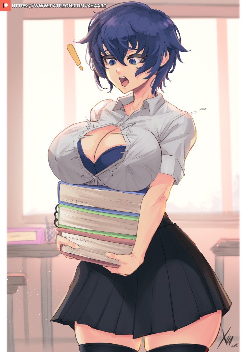 1girl blue_eyes blue_hair breasts bursting_breasts hair_between_eyes highres large_breasts open_mouth patreon_username persona persona_4 pleated_skirt popped_button school_uniform shirogane_naoto shirt short_hair skirt solo white_shirt