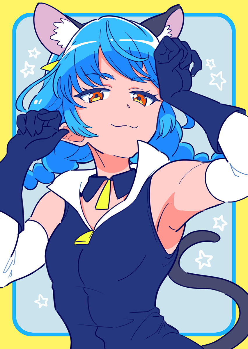 1girl :3 animal_ears armpits blue_background blue_gloves blue_hair blue_jacket border braid cat_ears cat_tail closed_mouth copyright_request extra_ears gloves hands_up highres jacket layered_gloves looking_at_viewer orange_eyes outside_border paw_pose smug solo tail twin_braids yellow_border yoban