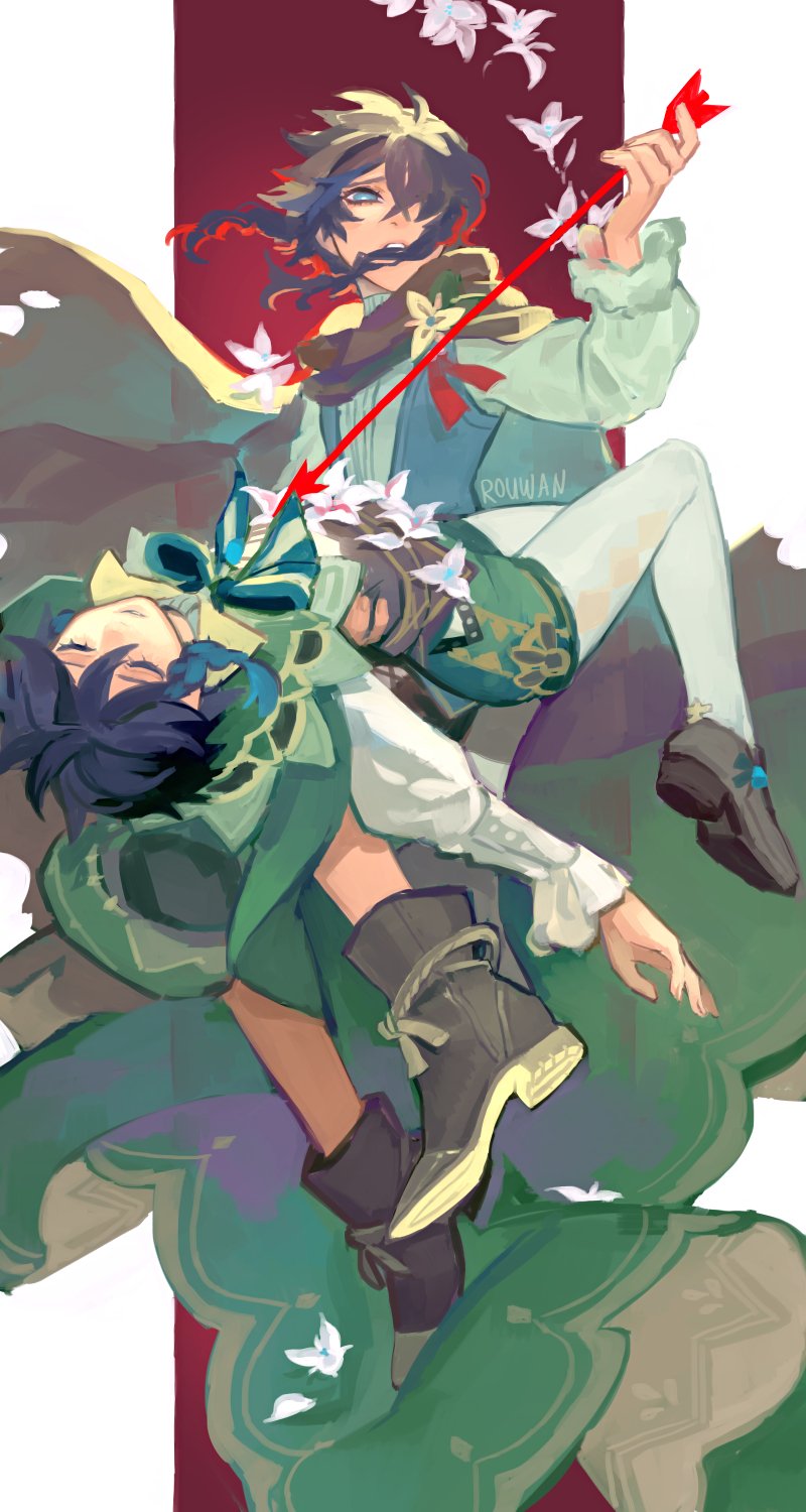 2boys androgynous argyle argyle_legwear arrow_(projectile) artist_name bangs black_hair blue_eyes blue_hair boots braid cape closed_eyes closed_mouth collared_cape corset english_commentary flower frilled_sleeves frills genshin_impact gradient_hair green_shorts hair_over_one_eye hand_on_another's_waist highres holding holding_arrow leaf long_sleeves male_focus multicolored_hair multiple_boys nameless_bard_(genshin_impact) one_eye_covered open_mouth pantyhose red_background rouwan shirt shoes short_hair_with_long_locks shorts simple_background smile tassel twin_braids venti_(genshin_impact) white_background white_flower white_legwear white_shirt