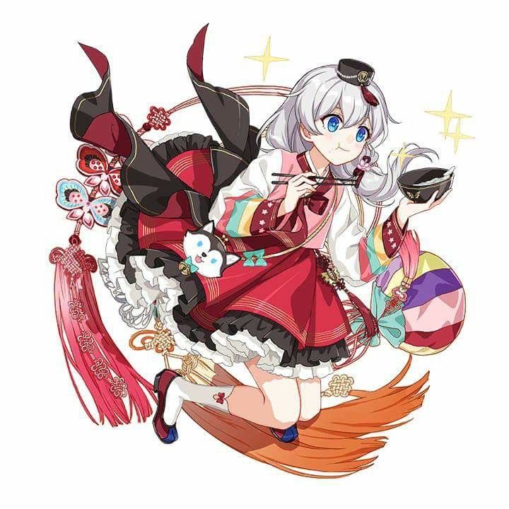 +_+ 1girl bangs blue_eyes bowl chopsticks closed_mouth eating hair_between_eyes hanbok hat honkai_(series) honkai_impact_3rd jumping korean_clothes looking_at_object official_art red_skirt rice_bowl shoes side_ponytail simple_background skirt solo star_(symbol) theresa_apocalypse white_background white_hair white_legwear