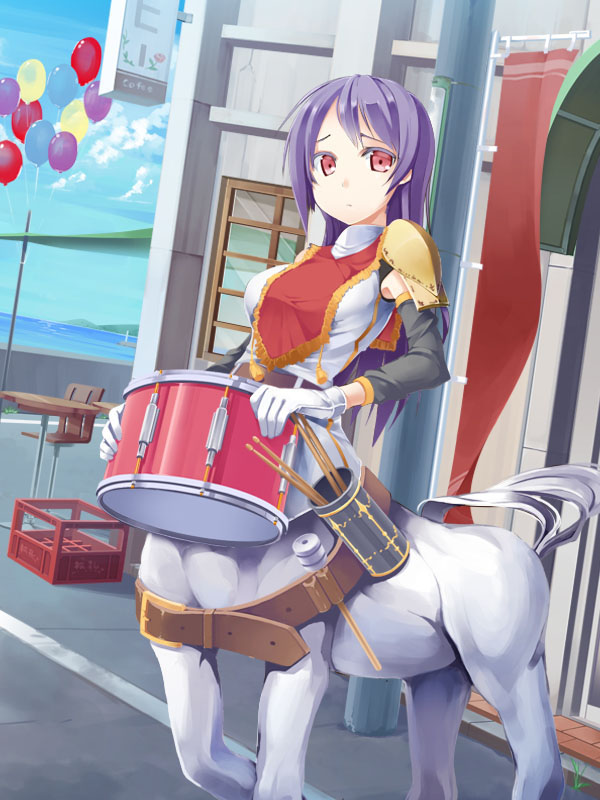 1girl armor balloon band_uniform bangs belt black_sleeves blue_sky breasts brown_belt building centaur chair closed_mouth clouds commentary_request cowboy_shot crate day detached_sleeves drumsticks gloves hair_between_eyes holding holding_instrument horse_tail instrument long_hair looking_at_viewer medium_breasts monster_girl ms-07-b3 multiple_legs ocean original outdoors pauldrons purple_hair red_eyes shirt shoulder_armor sidelocks sign single_pauldron sky sleeveless sleeveless_shirt snare_drum solo standing standing_on_three_legs table tail taur utility_pole white_gloves white_shirt window