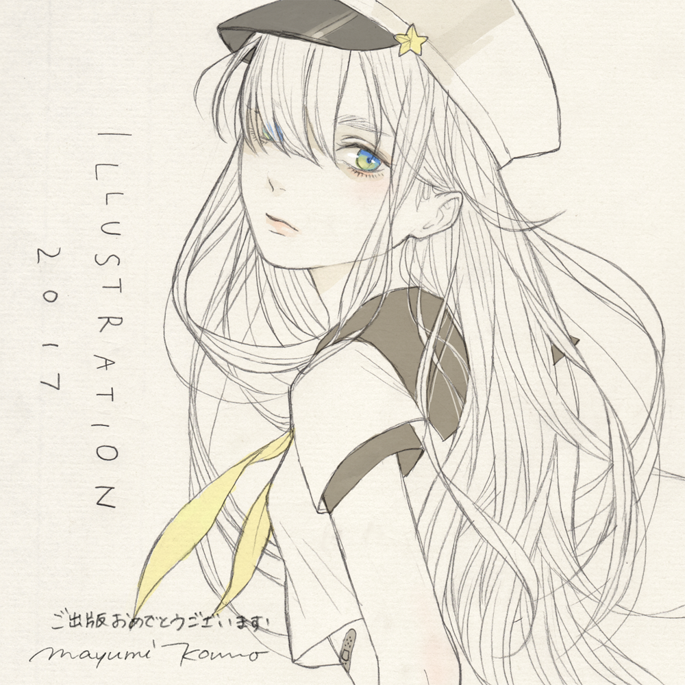 1girl 2017 bandaid black_sailor_collar blue_eyes expressionless from_side hair_over_one_eye illustration.media long_hair looking_at_viewer mayumi_konno original sailor_collar short_sleeves signature solo spot_color white_hair white_headwear yellow_neckwear