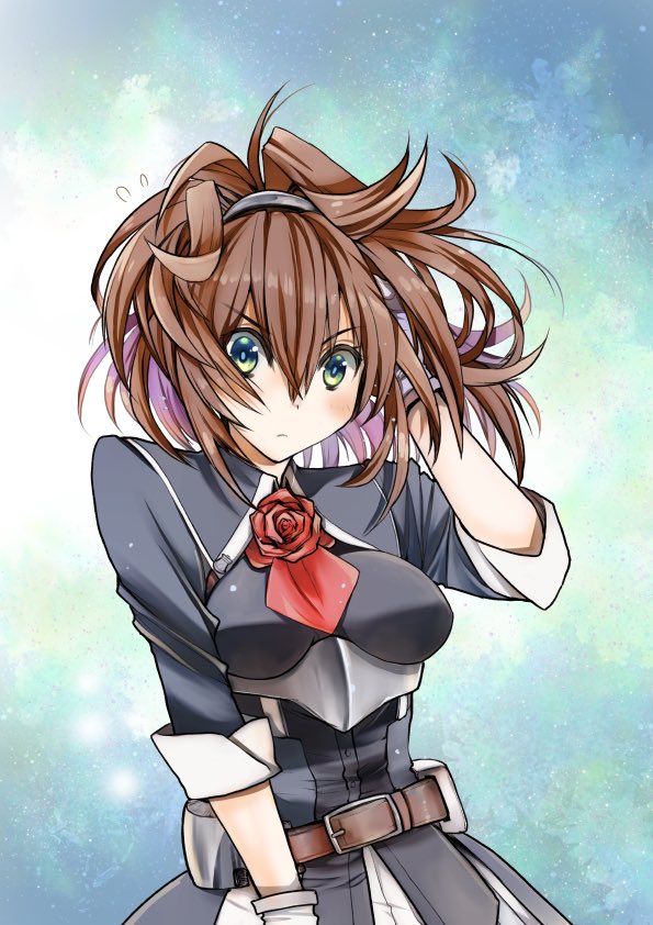 1girl bangs belt blush breasts brown_hair flower flying_sweatdrops gloves green_eyes hair_between_eyes hand_in_hair kagesaki_yuna kantai_collection medium_breasts ponytail red_flower red_neckwear red_rose rose sheffield_(kancolle) simple_background solo upper_body white_gloves