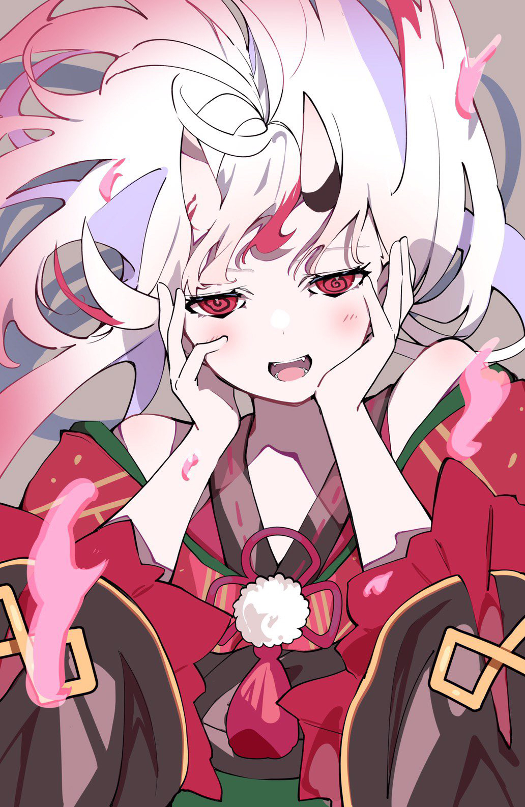 1girl :d @_@ auui bangs bare_shoulders blush commentary_request fangs floating_hair gradient_hair grey_background hands_on_own_face hands_up highres hololive horns japanese_clothes kimono long_hair long_sleeves looking_at_viewer multicolored_hair nakiri_ayame oni oni_horns open_mouth red_eyes red_kimono redhead smile solo upper_body very_long_hair virtual_youtuber white_hair wide_sleeves
