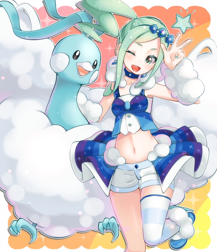 1girl ;d altaria arm_warmers asymmetrical_hair bangs bare_shoulders blue_choker blue_footwear blush breasts camisole choker collarbone commentary_request cowboy_shot crop_top earrings fur_trim gen_3_pokemon glint green_eyes green_hair hair_ornament hand_up jewelry lisia_(pokemon) long_hair looking_at_viewer midriff nail_polish navel one_eye_closed one_side_up open_mouth orange_background parted_bangs pokemon pokemon_(creature) pokemon_(game) pokemon_oras shoes shorts shorts_under_skirt showgirl_skirt sidelocks single_thighhigh small_breasts smile standing standing_on_one_leg star_(symbol) striped striped_legwear thigh-highs v white_camisole white_shorts yupiteru