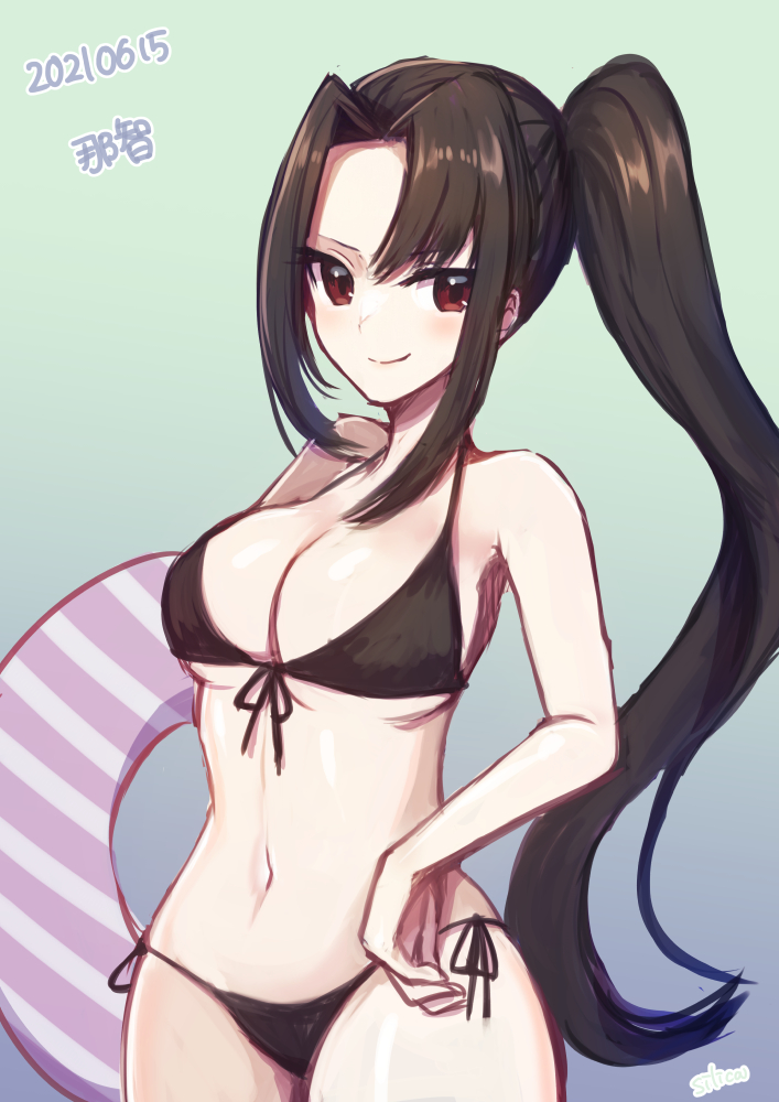 1girl bikini black_bikini black_hair breasts brown_eyes character_name cowboy_shot gradient gradient_background hand_on_hip kantai_collection large_breasts long_hair looking_at_viewer nachi_(kancolle) one-hour_drawing_challenge side-tie_bikini side_ponytail silica_(silica_silylate) solo striped_innertube swimsuit
