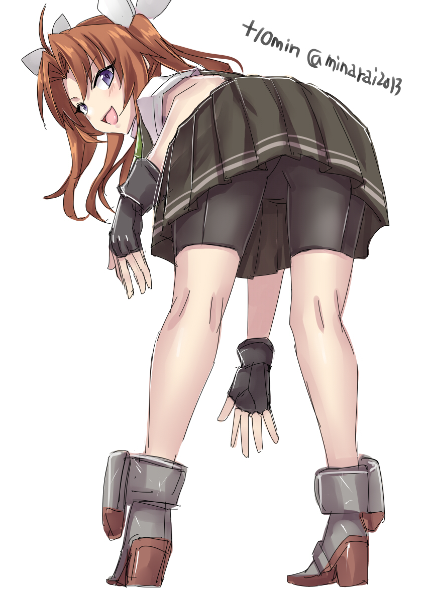 1girl ahoge bent_over bike_shorts black_gloves black_shorts black_skirt brown_hair dress_shirt fingerless_gloves from_behind full_body gloves green_ribbon hair_ribbon kagerou_(kancolle) kantai_collection leaning_forward looking_at_viewer looking_back minarai neck_ribbon pleated_skirt remodel_(kantai_collection) ribbon school_uniform shirt short_sleeves shorts shorts_under_skirt simple_background skirt solo standing twintails twitter_username violet_eyes white_background white_ribbon white_shirt