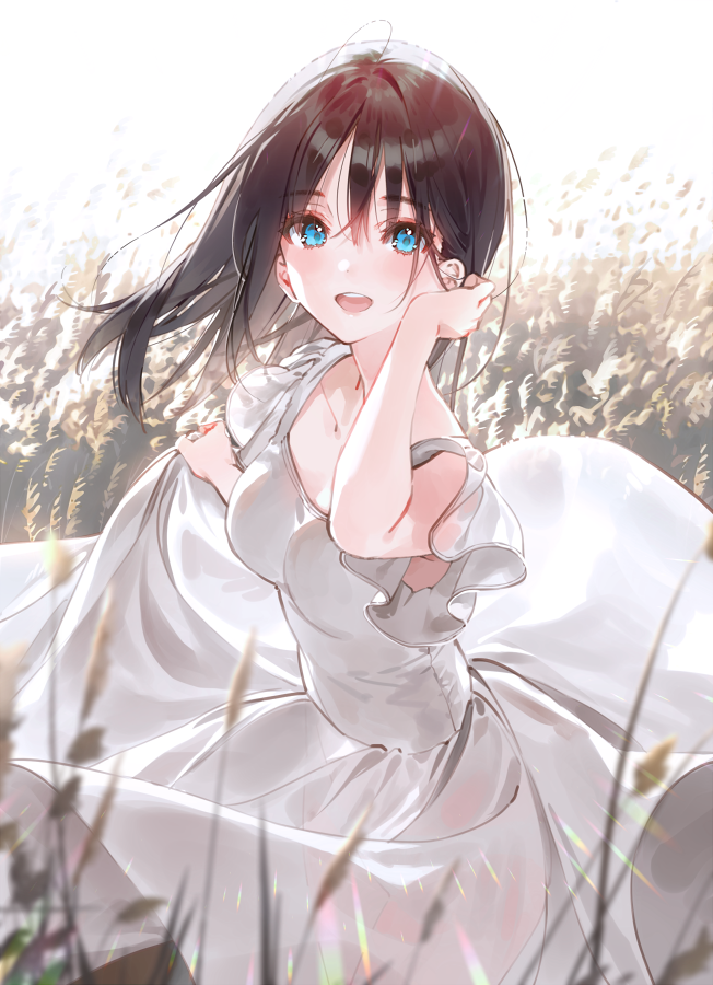 1girl :d arm_up bangs bare_arms blue_eyes blush breasts brown_hair collared_shirt commentary_request day dress dsmile eyebrows_visible_through_hair hair_tucking lens_flare long_hair looking_at_viewer open_mouth original outdoors shirt skirt_hold sleeveless sleeveless_dress small_breasts smile solo sunlight wheat_field white_dress