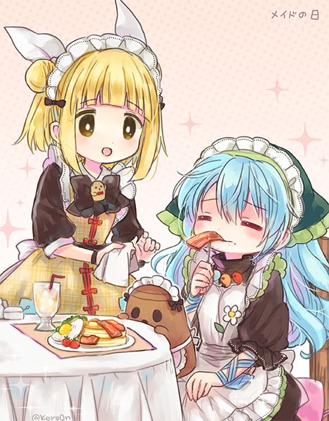 2girls alternate_costume apron bacon bangs biyon black_dress black_neckwear blonde_hair blue_hair blunt_bangs bow bowtie bright_pupils closed_eyes commentary_request double_bun dress drinking_straw eating enmaided flower food food_in_mouth food_on_face glass green_headwear hair_ribbon haniwa_(statue) haniyasushin_keiki head_scarf holding joutouguu_mayumi long_hair magatama magatama_necklace maid maid_day multiple_girls napkin open_mouth pancake polka_dot polka_dot_background ribbon short_sleeves sitting smile sparkle sunny_side_up_egg table tablecloth touhou white_ribbon yellow_dress yellow_eyes