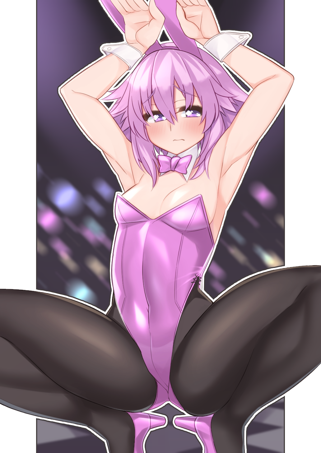 1girl animal_ears black_legwear bow bowtie breasts detached_collar dura fake_animal_ears high_heels highleg highleg_leotard highres leotard long_hair medium_breasts multiple_girls neptune_(neptune_series) neptune_(series) pantyhose pink_bow pink_footwear pink_leotard pink_neckwear playboy_bunny rabbit_ears shoes small_breasts squatting wrist_cuffs