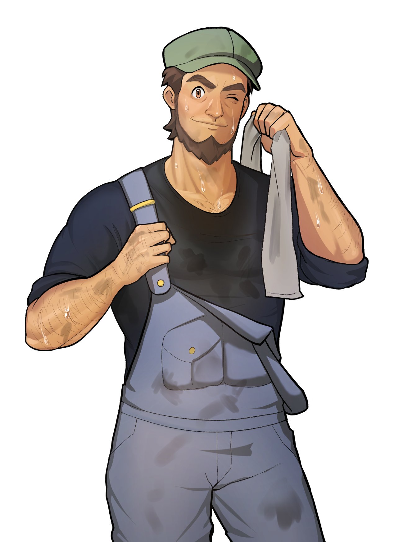 1boy arm_hair beard black_shirt brown_hair buttons closed_mouth commentary_request cowboy_shot dirty dirty_clothes facial_hair green_headwear grey_towel hat highres holding holding_strap holding_towel looking_at_viewer male_focus meyer_(pokemon) one_eye_closed overalls pokemon pokemon_(anime) pokemon_xy_(anime) shirt short_hair simple_background smile solo sweat towel white_background yumilbo