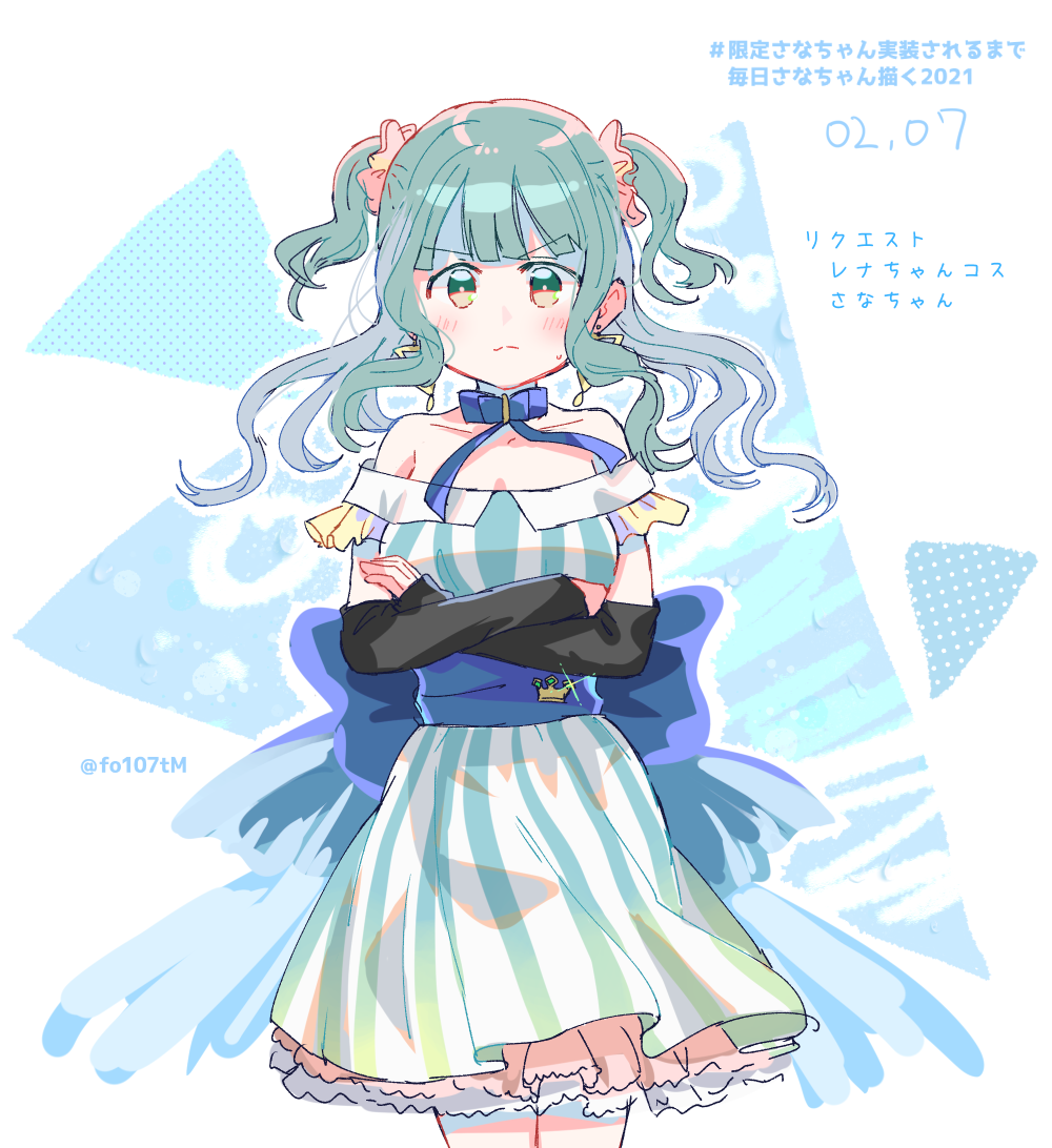 1girl aqua_dress arms_under_breasts back_bow bangs bare_shoulders blue_bow blunt_bangs bow breasts closed_mouth collarbone cosplay cowboy_shot crossed_arms dress earrings floating_hair frown futaba_sana glint green_eyes green_hair jewelry layered_dress light_blush magia_record:_mahou_shoujo_madoka_magica_gaiden mahou_shoujo_madoka_magica medium_hair minami_rena minami_rena_(cosplay) off-shoulder_dress off_shoulder outline polka_dot polka_dot_background scrunchie serious shiny shiny_hair short_dress sidelocks simple_background solo soul_gem striped striped_background sweatdrop totte triangle triangle_earrings twitter_username two_side_up v-shaped_eyebrows vertical-striped_dress vertical_stripes water_drop wavy_hair white_background white_outline