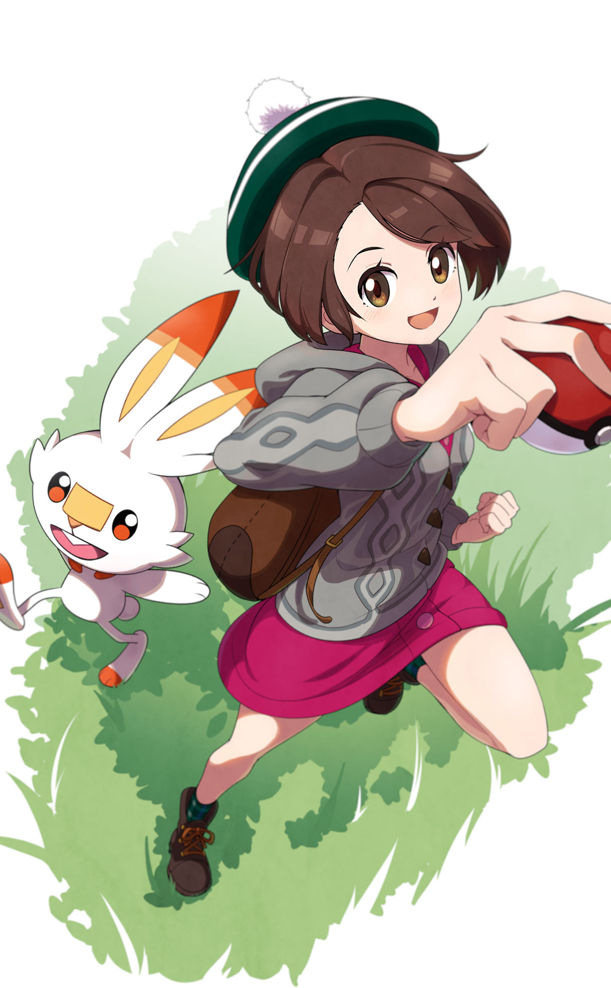 1girl :d backpack bag bob_cut boots brown_bag brown_eyes brown_footwear brown_hair buttons cable_knit cardigan clenched_hand commentary_request dress eyelashes gen_8_pokemon gloria_(pokemon) grass green_headwear green_legwear grey_cardigan hat highres holding holding_poke_ball hooded_cardigan leg_up looking_at_viewer miu_(angelo_whitechoc) open_mouth perspective pink_dress plaid plaid_legwear poke_ball poke_ball_(basic) pokemon pokemon_(creature) pokemon_(game) pokemon_swsh scorbunny short_hair smile socks standing standing_on_one_leg starter_pokemon tam_o'_shanter tongue