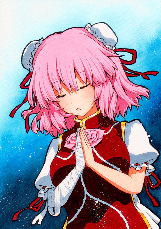 1girl bangs blue_background breasts closed_eyes eyebrows_visible_through_hair flower gradient gradient_background hair_between_eyes hands_together hands_up ibaraki_kasen medium_breasts open_mouth pink_flower pink_hair puffy_short_sleeves puffy_sleeves qqqrinkappp red_vest shirt short_hair short_sleeves solo touhou traditional_media vest white_shirt white_sleeves