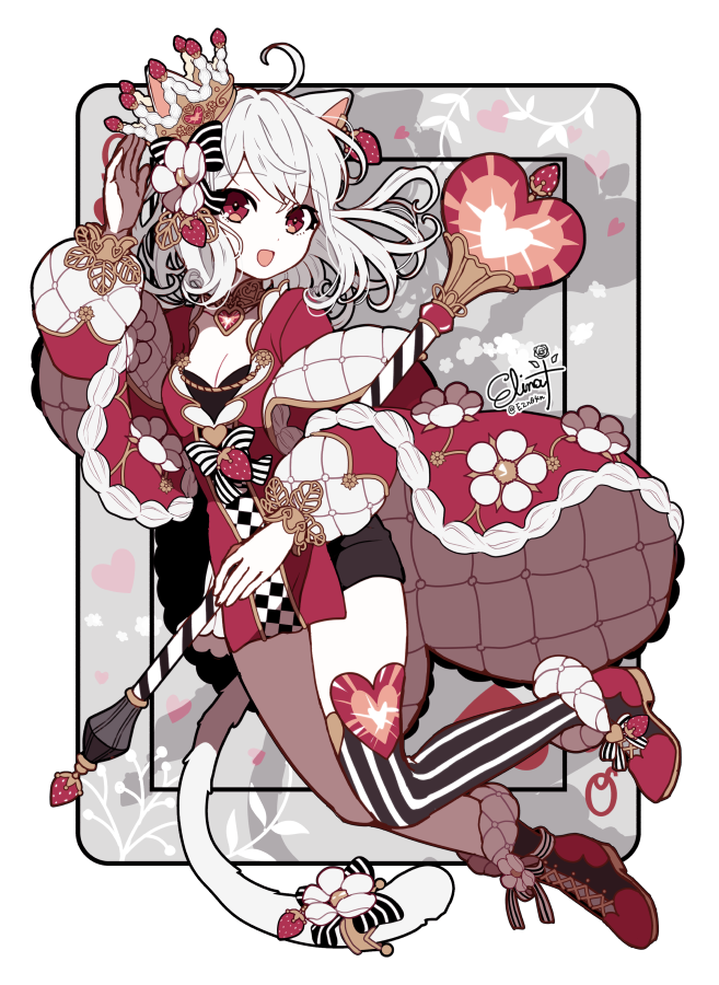 1girl animal_ears asymmetrical_legwear cape cat_day cat_ears cat_girl cat_tail cosplay crown fashion food fruit full_body heart long_sleeves looking_at_viewer looking_to_the_side murasaki_daidai_etsuo original pale_skin queen_of_hearts_(alice_in_wonderland) queen_of_hearts_(alice_in_wonderland)_(cosplay) red_eyes shoes short_shorts shorts smile strawberry striped striped_legwear tail wand white_hair
