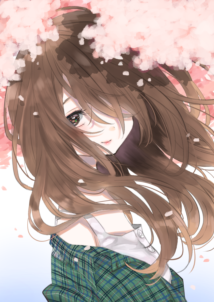 1girl brown_eyes brown_hair cherry_blossoms closed_mouth dot_nose dress floating_hair from_side green_jacket hair_over_one_eye jacket kawai_rou long_hair looking_at_viewer off_shoulder one_eye_covered original smile solo white_dress