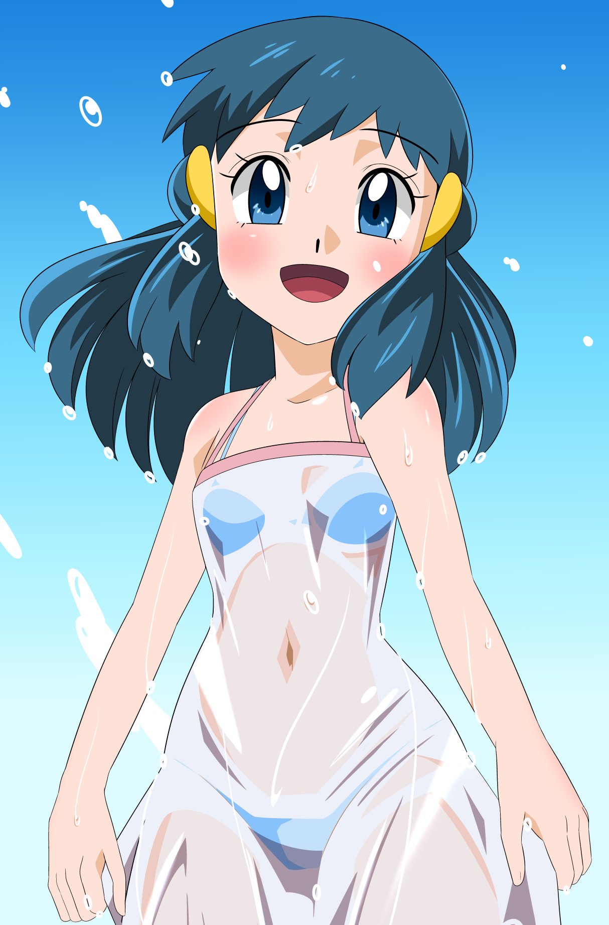 1girl blue_eyes blue_hair hikari_(pokemon) dress hainchu hair_ornament hairclip highres long_hair looking_at_viewer open_mouth pokemon pokemon_(game) pokemon_dppt smile swimsuit swimsuit_under_clothes wet wet_clothes