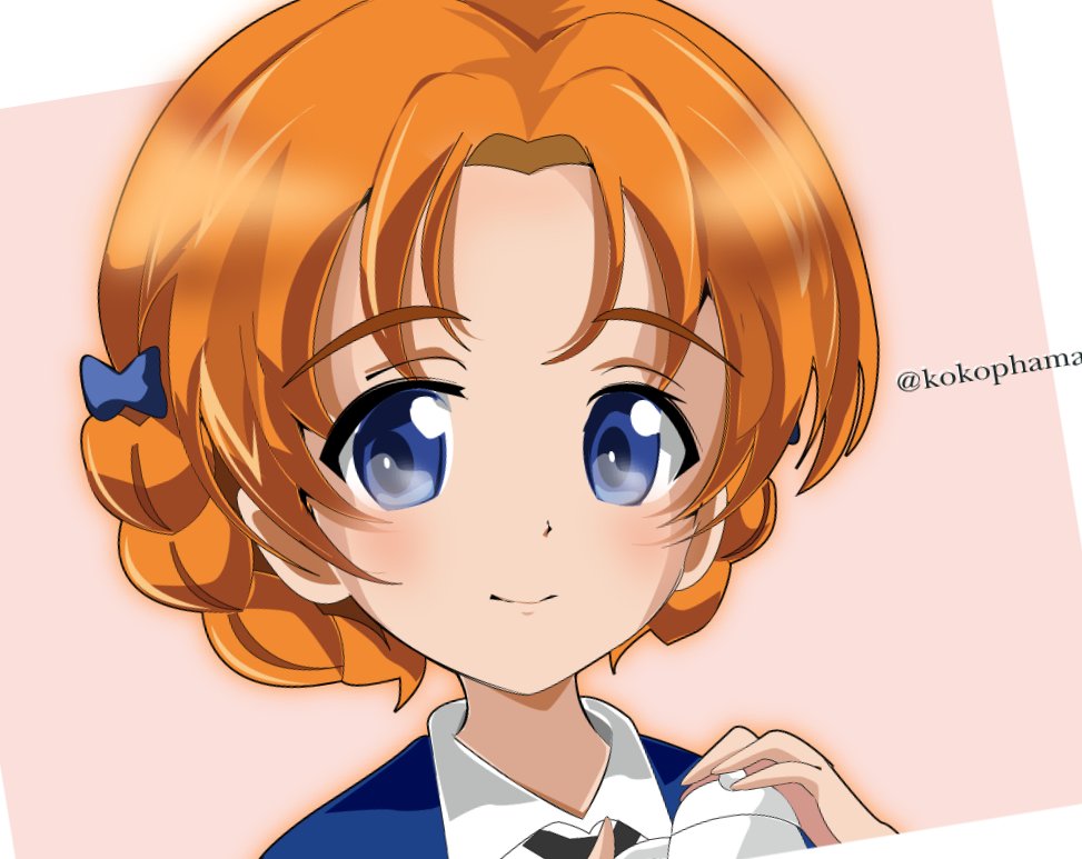 1girl bangs black_neckwear blue_bow blue_eyes blue_sweater bow braid closed_mouth commentary_request dress_shirt eyebrows_visible_through_hair girls_und_panzer hair_bow holding holding_teapot kokophama long_sleeves looking_at_viewer necktie orange_hair orange_pekoe_(girls_und_panzer) parted_bangs pink_background portrait school_uniform shirt short_hair smile solo st._gloriana's_school_uniform sweater teapot tied_hair twin_braids twitter_username v-neck white_shirt wing_collar
