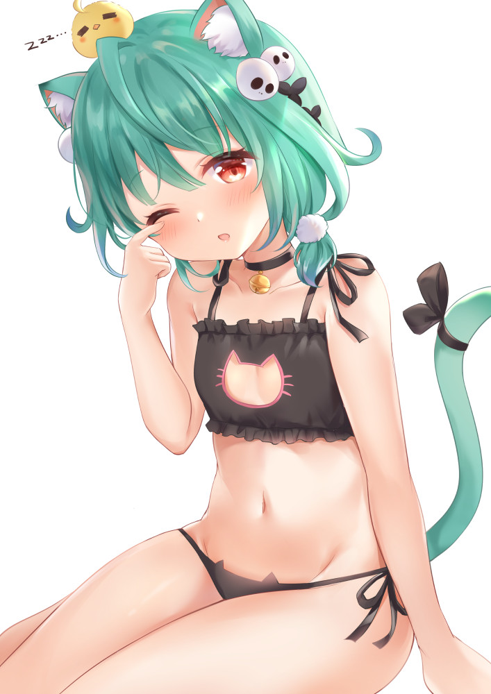 1girl =_= animal_ear_fluff animal_ears animal_on_head bangs bare_arms bare_shoulders bell bird bird_on_head black_bow black_bra black_choker black_panties blush bow bra breasts cat_cutout cat_ear_panties cat_ears cat_girl cat_lingerie cat_tail chick choker cleavage_cutout closed_eyes clothing_cutout commentary_request eyebrows_visible_through_hair green_hair groin hair_between_eyes hand_up hololive jingle_bell looking_at_viewer meme_attire navel neck_bell nikoo on_head one_eye_closed open_mouth panties parted_lips piyoko_(uruha_rushia) red_eyes rubbing_eyes side-tie_panties simple_background small_breasts solo tail tail_bow tail_ornament tail_raised underwear underwear_only uruha_rushia virtual_youtuber white_background zzz