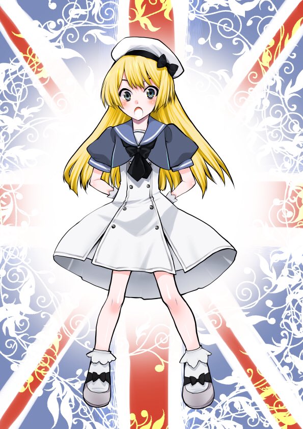 1girl :o arms_behind_back bangs black_neckwear blonde_hair blue_eyes blue_sailor_collar blush dress flag_background full_body gloves hat jervis_(kancolle) kagesaki_yuna kantai_collection long_hair open_mouth sailor_collar sailor_dress short_sleeves socks solo standing union_jack white_gloves white_headwear white_legwear