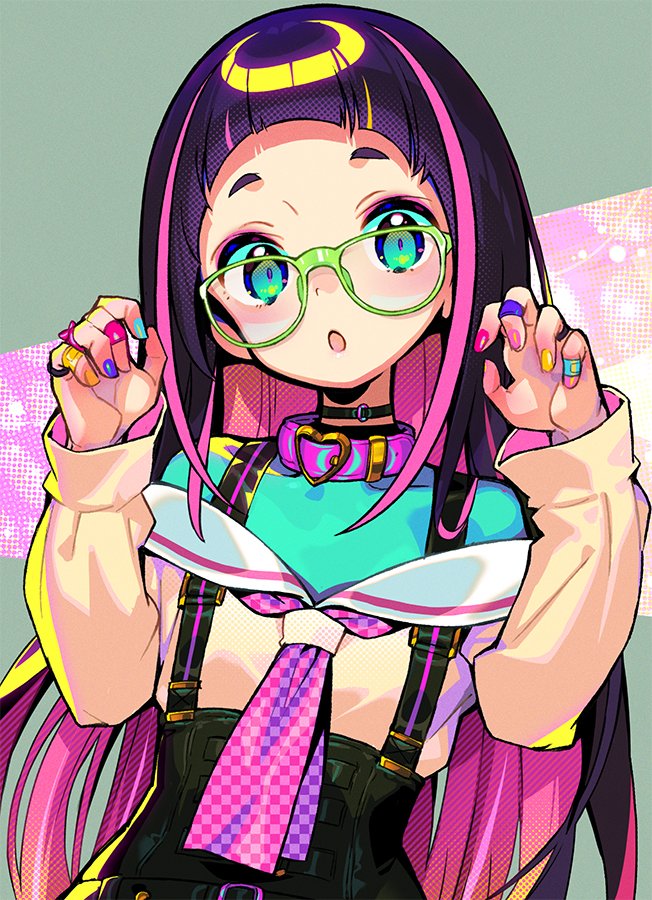 1girl :o bandaid bandaid_on_hand bangs black_choker blue_eyes choker claw_pose collar commentary_request glasses green-framed_eyewear heart long_hair long_sleeves multicolored multicolored_hair multicolored_nails nail_polish original pink_collar pink_hair pink_neckwear purple_hair sailor_collar shunin simple_background solo suspenders upper_body