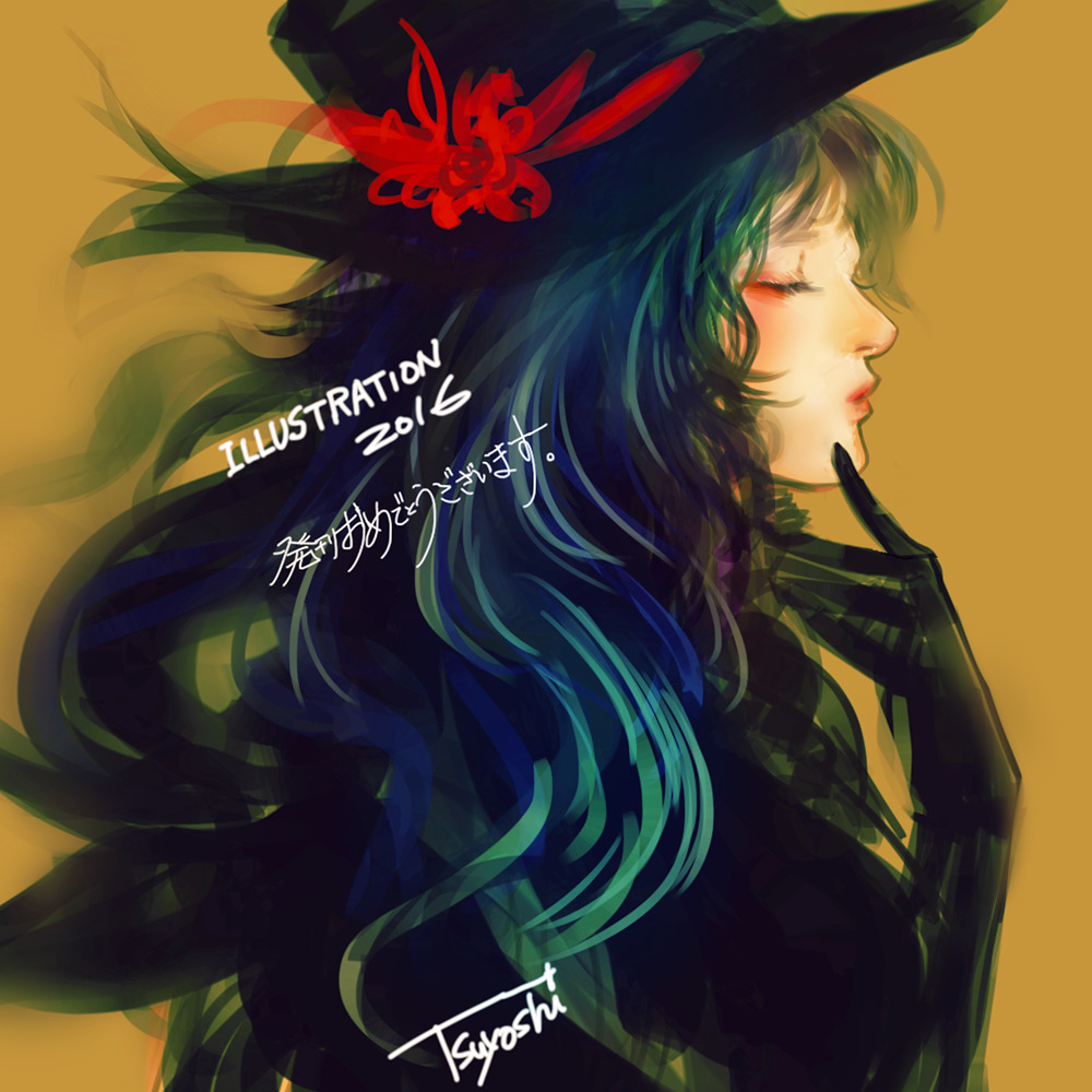 1girl 2016 black_headwear blue_hair blush closed_eyes hand_up hat hat_ribbon illustration.media long_hair original profile red_ribbon ribbon signature simple_background solo tsuyomaru upper_body yellow_background