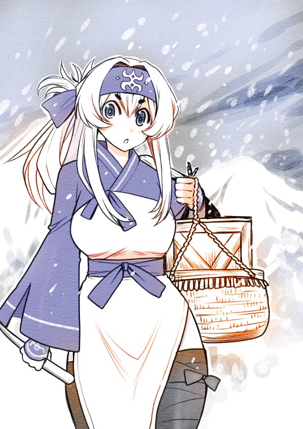 1girl ainu_clothes bangs basket black_legwear blue_eyes blue_headband breasts day folded_ponytail hair_between_eyes headband holding japanese_clothes kagesaki_yuna kamoi_(kancolle) kantai_collection large_breasts long_hair long_sleeves mountain outdoors pelvic_curtain ponytail sidelocks snow snowing solo thigh-highs white_hair wide_sleeves wrist_guards