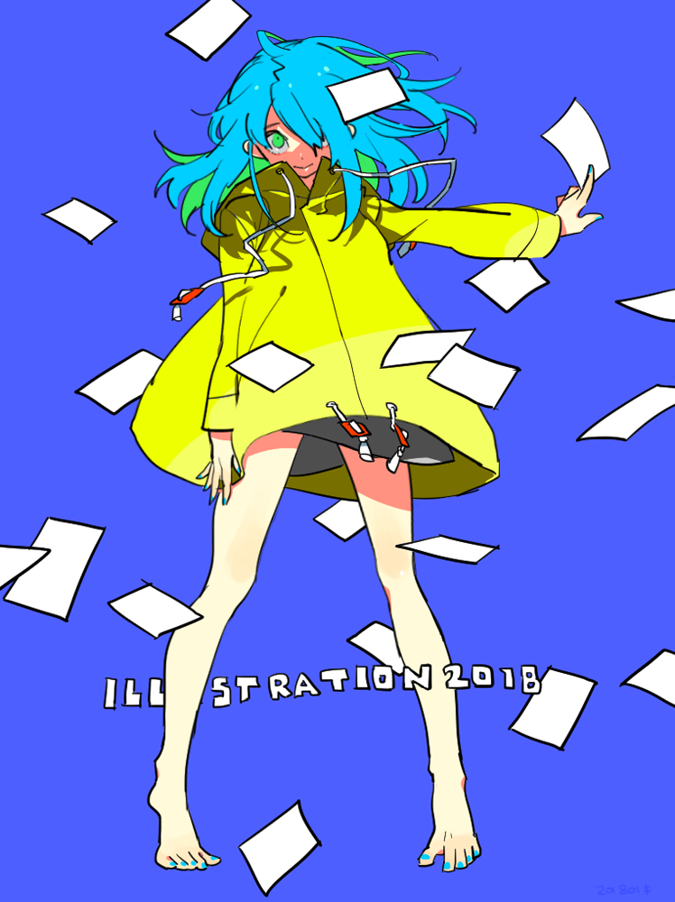 1girl 2018 aqua_hair bare_legs barefoot blue_background drawstring full_body green_eyes hair_over_one_eye illustration.media jacket kinako_(marubotan) long_hair long_sleeves looking_at_viewer original paper simple_background solo standing yellow_jacket