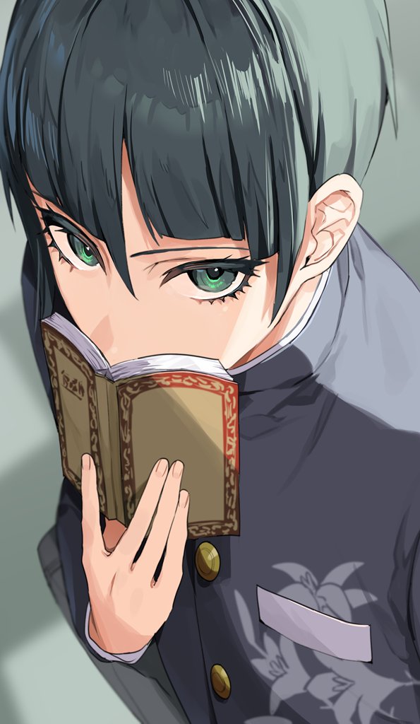 1boy bangs black_hair blue_eyes book bowl_cut dobuki eyelashes holding holding_book looking_at_viewer male_focus protagonist_(smtv) school_uniform shin_megami_tensei shin_megami_tensei_v short_hair simple_background solo