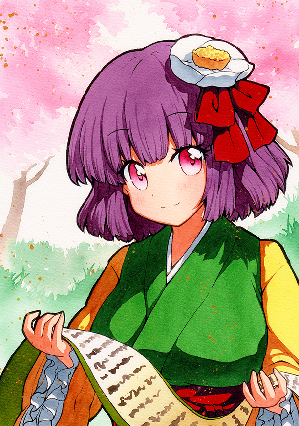 1girl bangs belt breasts cherry_blossoms closed_mouth eyebrows_visible_through_hair eyes_visible_through_hair flower grass green_kimono hair_flower hair_ornament hair_ribbon hands_up hieda_no_akyuu japanese_clothes kimono long_sleeves looking_at_viewer medium_breasts pink_eyes purple_hair qqqrinkappp red_belt red_ribbon ribbon scroll short_hair smile solo touhou traditional_media tree white_flower yellow_sleeves