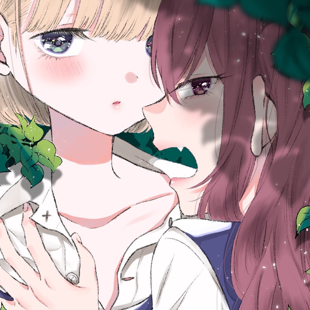 2girls bangs blonde_hair blunt_bangs blurry blurry_foreground blush depth_of_field fang fingernails girls_in_the_hell kawai_rou long_hair looking_at_viewer multiple_girls open_mouth parted_lips purple_vest red_eyes redhead short_hair vest violet_eyes