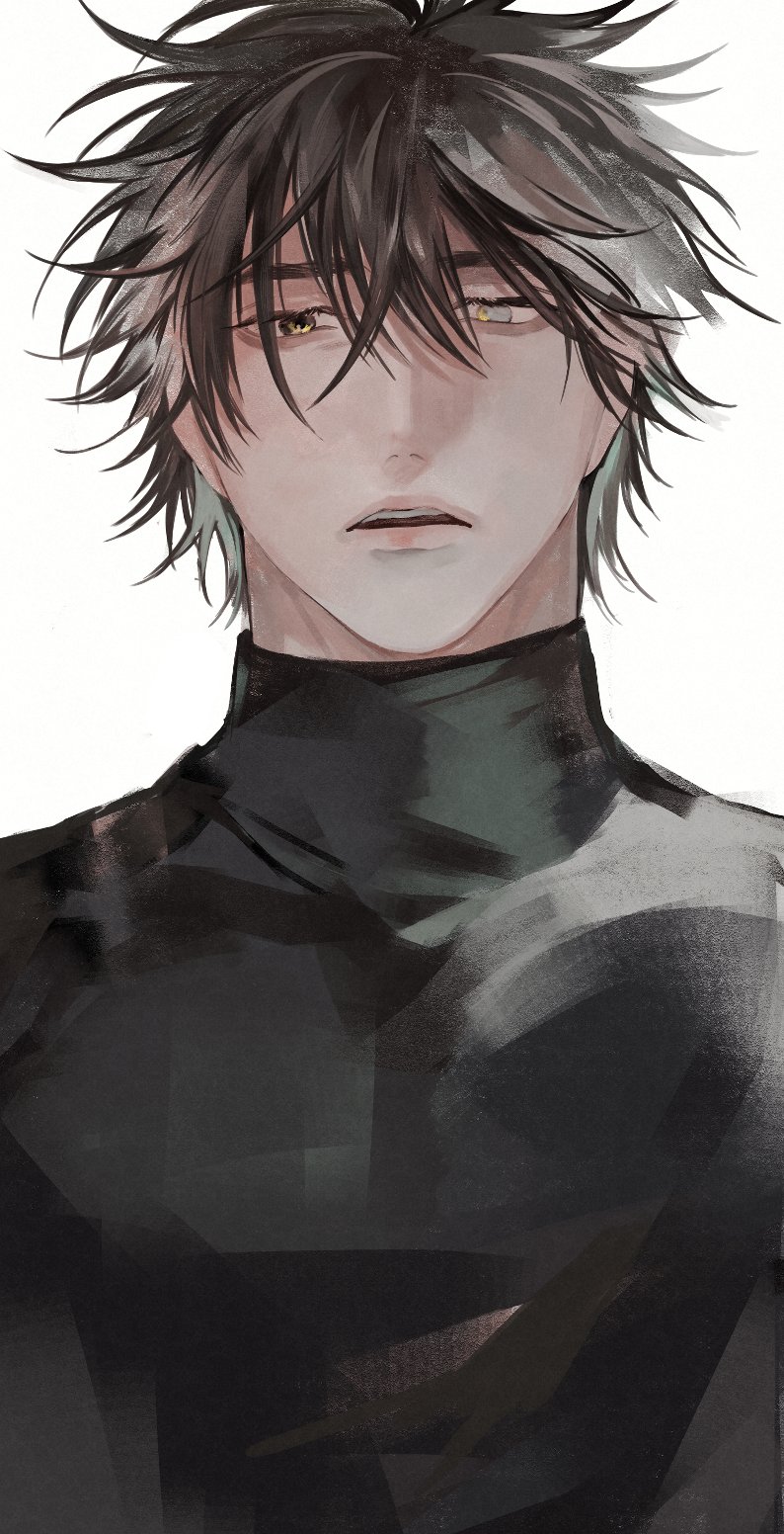 1boy bangs black_shirt brown_hair empty_eyes expressionless grey_eyes heterochromia highres looking_down male_focus original parted_lips sakishita_senmu shirt short_hair teeth turtleneck upper_body white_background yellow_eyes